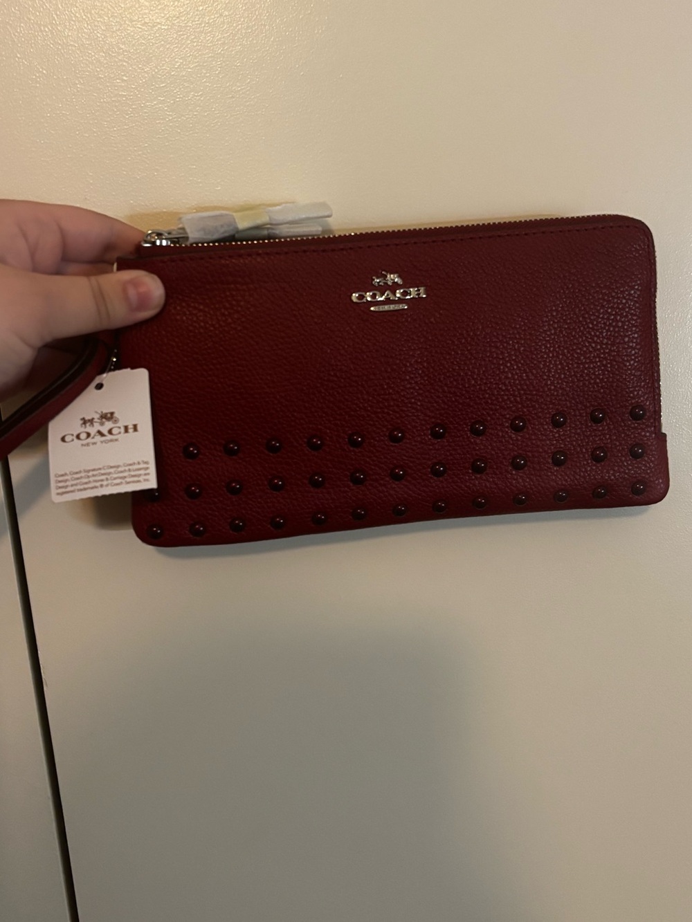 Coach Red Pebbled Leather Studded Wristlet